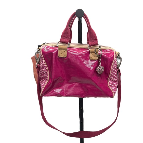 Fossil Key-Per Pink Coated Canvas Satchel Crossbody Shoulder Bag Heart Charm - Picture 1 of 12